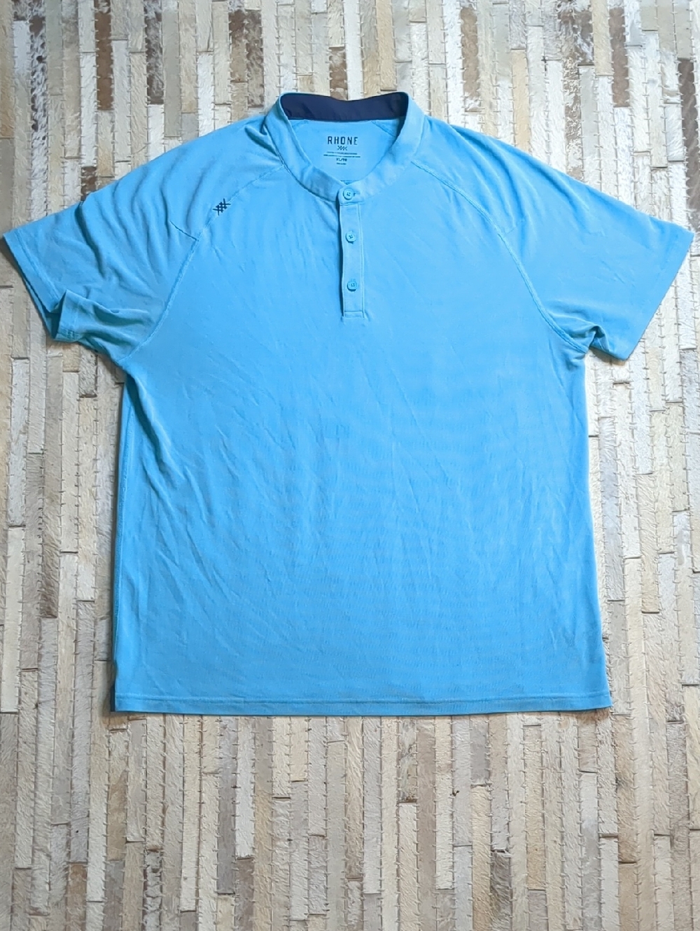 Rhone Men's XL Delta Pique Band Collar Henley Short Sleeve Teal Blue Shirt